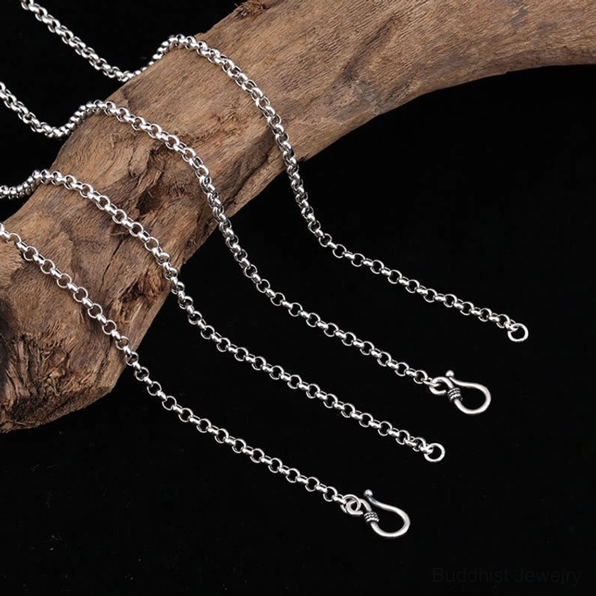 Sterling silver rolo link chain options for Buddhist Om Mani Padme Hum pendant with lobster clasps in multiple lengths