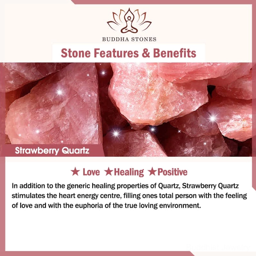 Strawberry quartz crystal properties infographic showing raw stones and heart chakra healing benefits