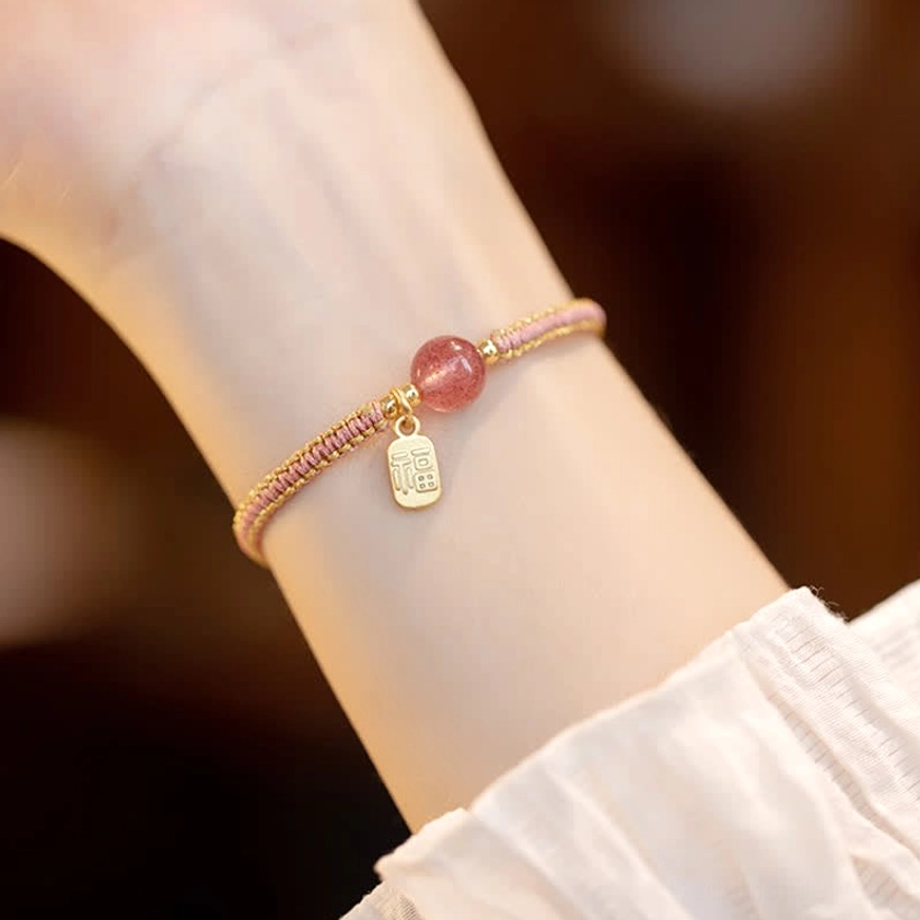 Strawberry quartz and jade bracelet with gold charm pendant styling
