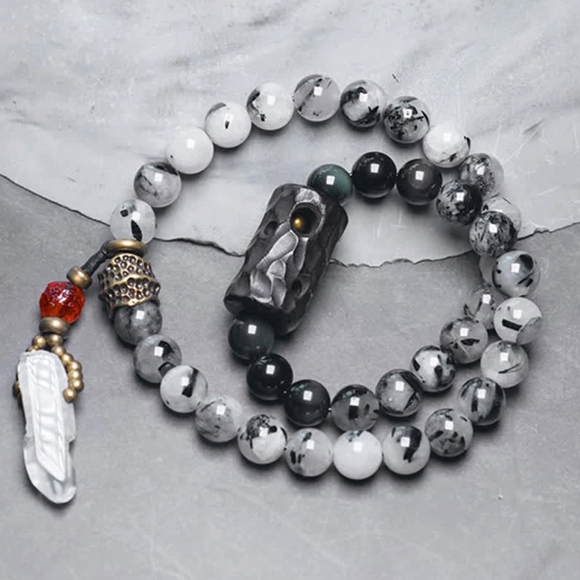 Buddhist success couple bracelet with rutilated quartz white crystal and metal spacers