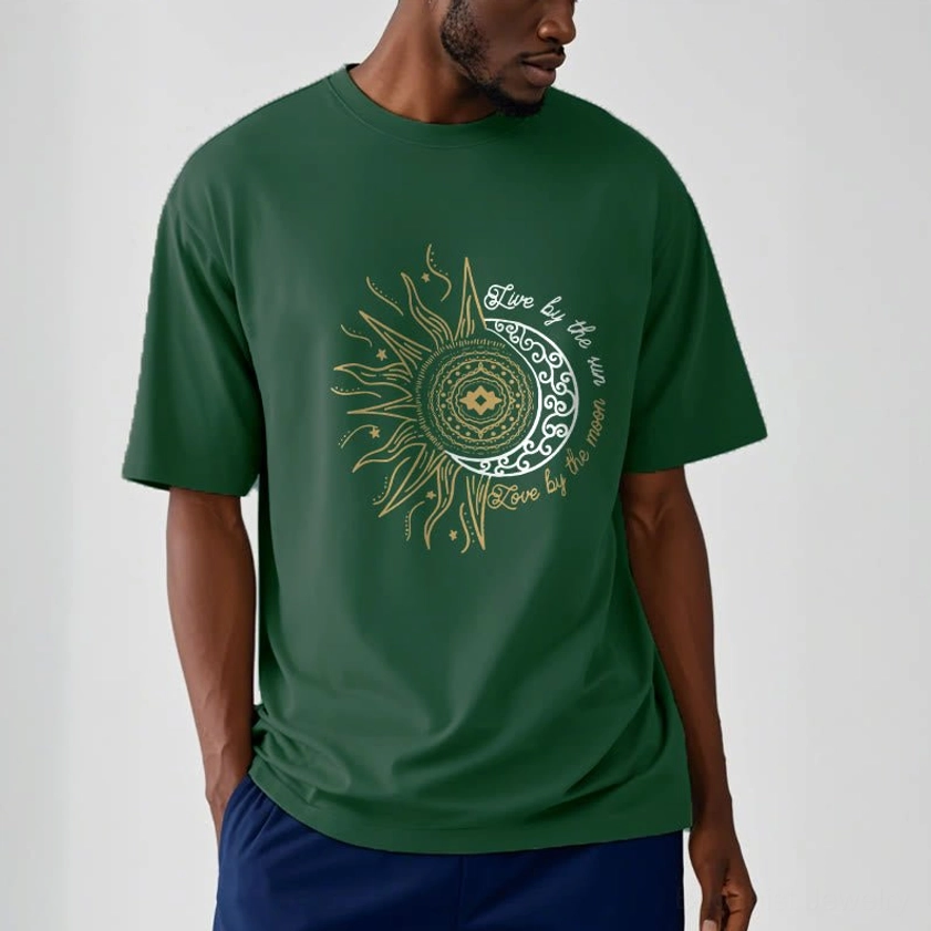 Back view of sun moon Buddhist spiritual t-shirt showing crew neck and fit