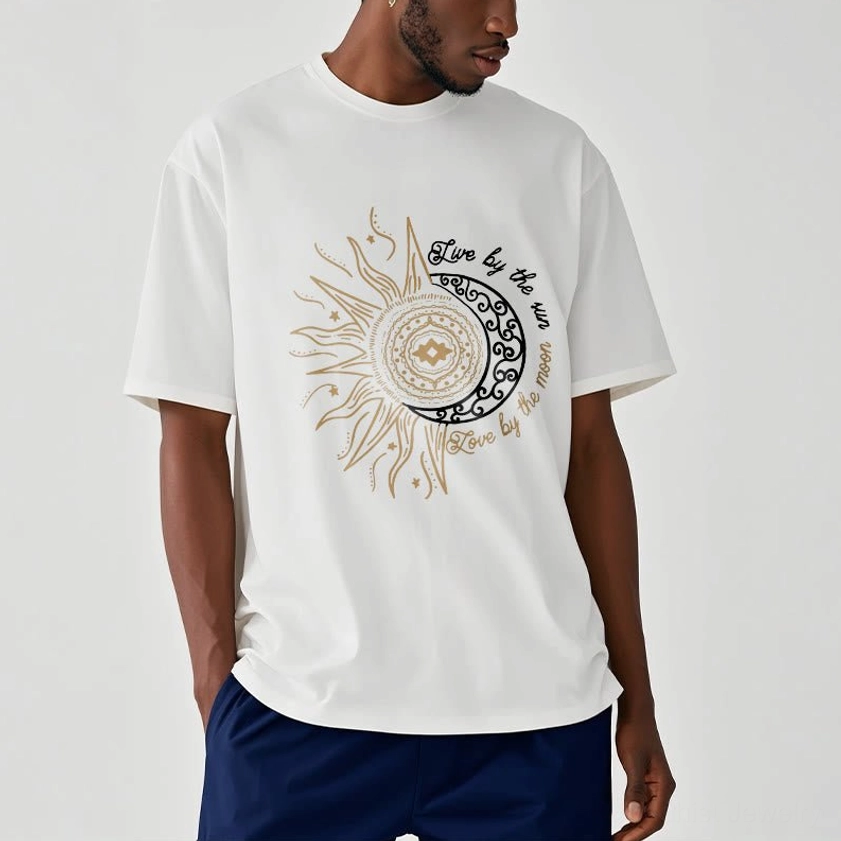 Male model in white sun moon graphic Buddhist t-shirt with relaxed fit and crew neck
