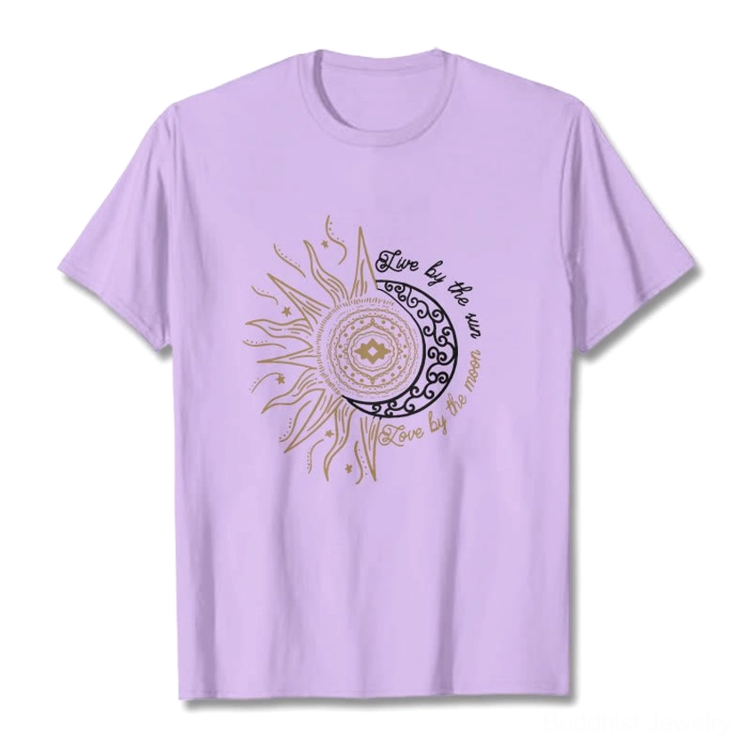 Sun moon Buddhist t-shirt lifestyle photography showing everyday wear versatility