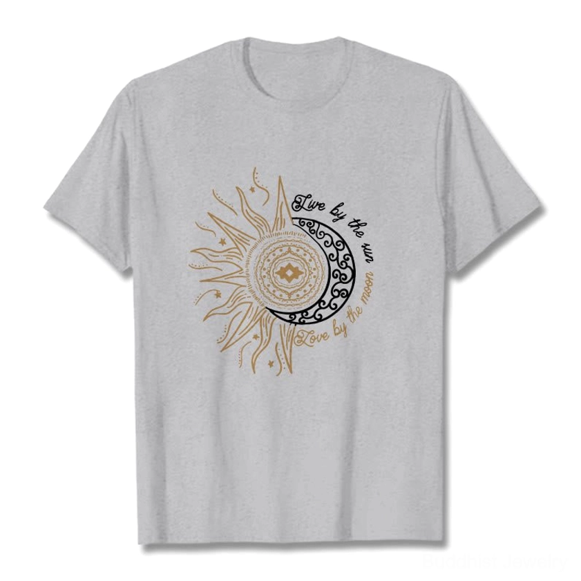 Light grey spiritual sun moon Buddhist t-shirt front view with white ink celestial print