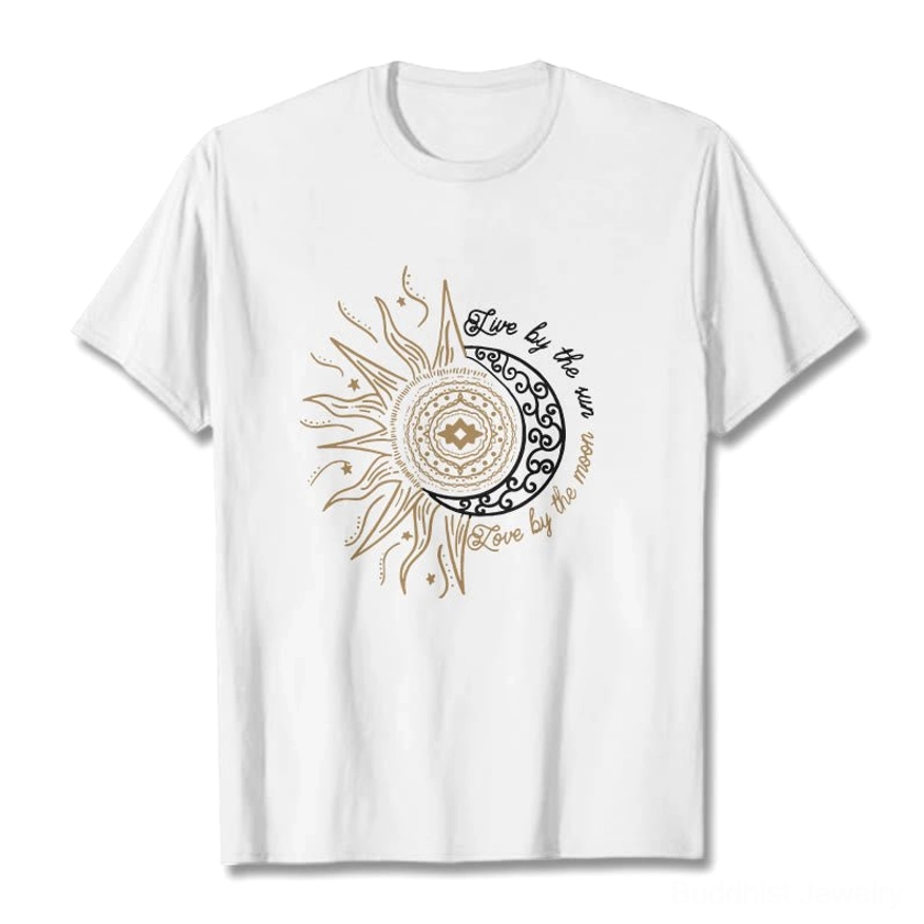 Spiritual Buddhist t-shirt flat lay white color with gold and black sun moon celestial design front view
