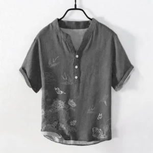 Swallow lotus buddhist mens henley shirt steel blue front view with stand collar and 3-button placket