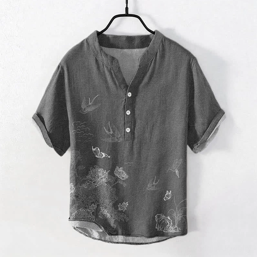 Swallow lotus buddhist mens henley shirt steel blue front view with stand collar and 3-button placket