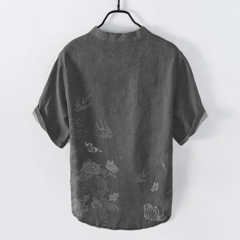 Swallow lotus henley shirt back view showing matching printed patterns and short sleeves