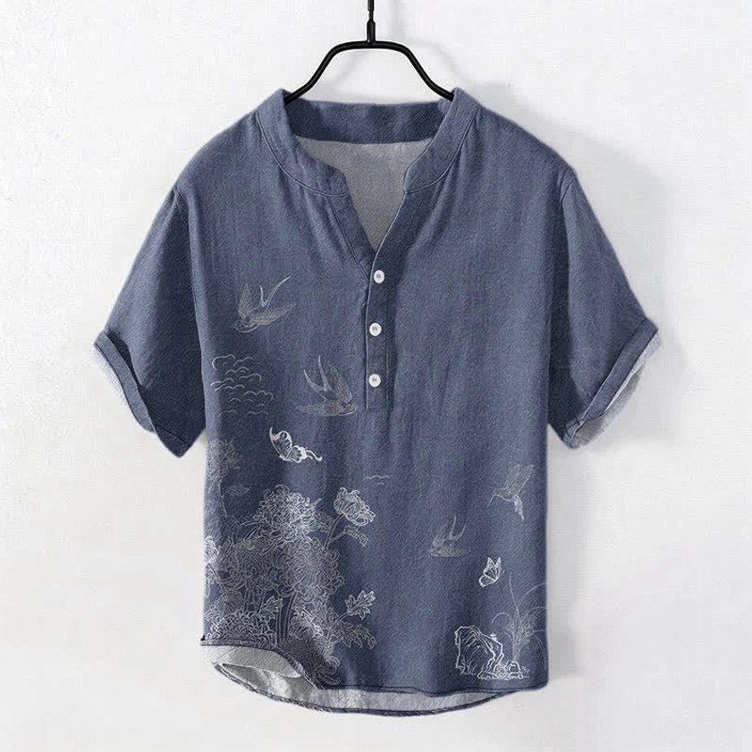 Buddhist printed henley shirt navy blue front view swallow and flower motifs stand collar