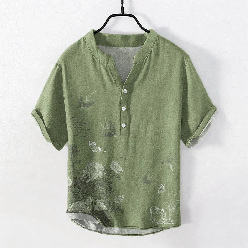 Swallow lotus mens henley shirt olive green color front flat lay with nature prints