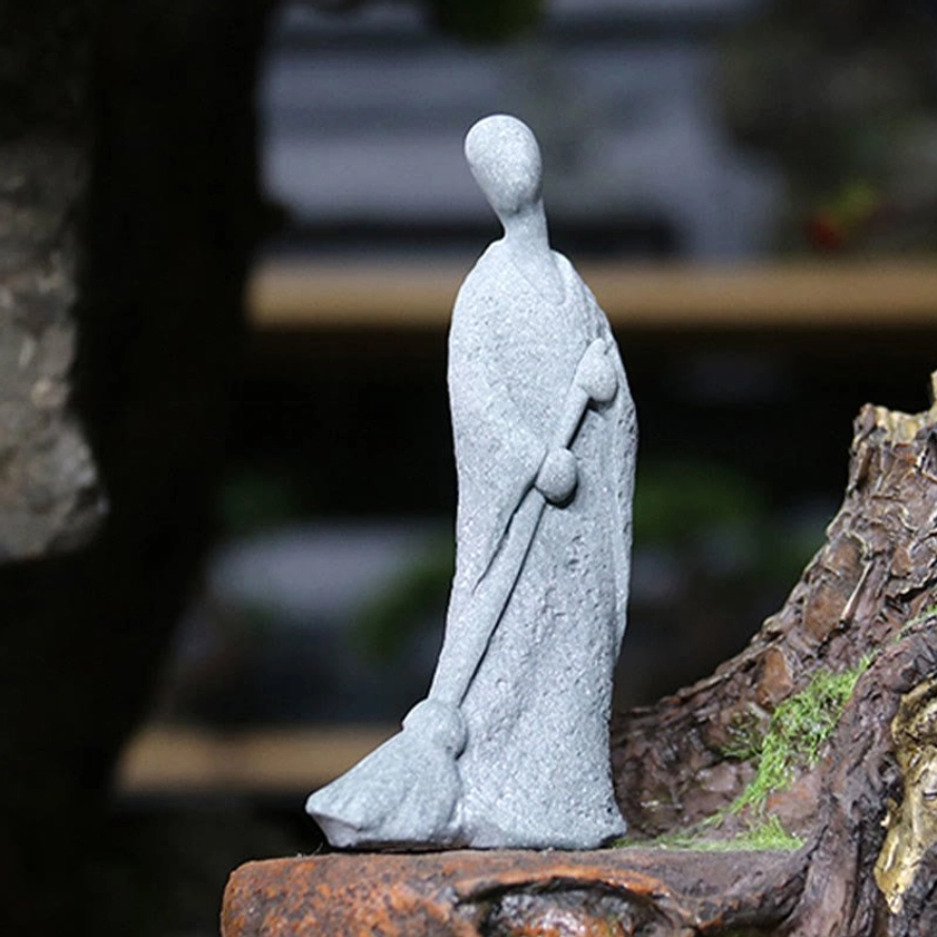 Sweeping Monk Buddha Statue 10.3cm Handcrafted Sandstone Zen Meditation Décor