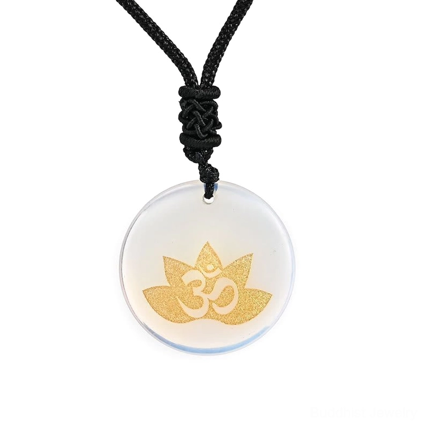 Synthetic Opal OM Lotus pendant necklace - iridescent transformative stone with black cord and gold-engraved sacred geometry design