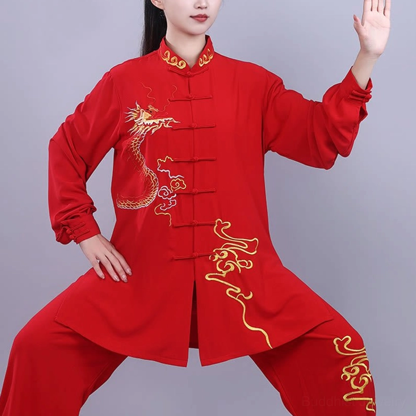 Tai chi clothing set front view with stand collar and embroidery