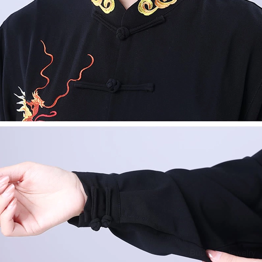 Frog button closure and embroidered collar detail on tai chi uniform