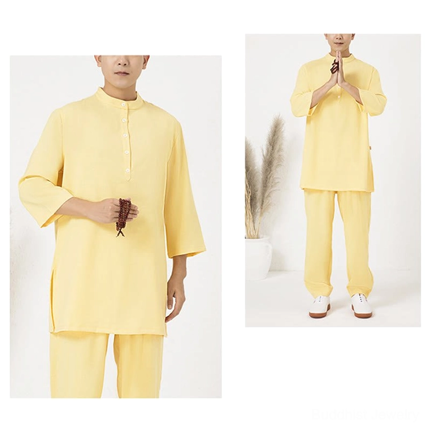Men's tai chi meditation clothing set side view, stand collar and button design detail, natural cotton linen