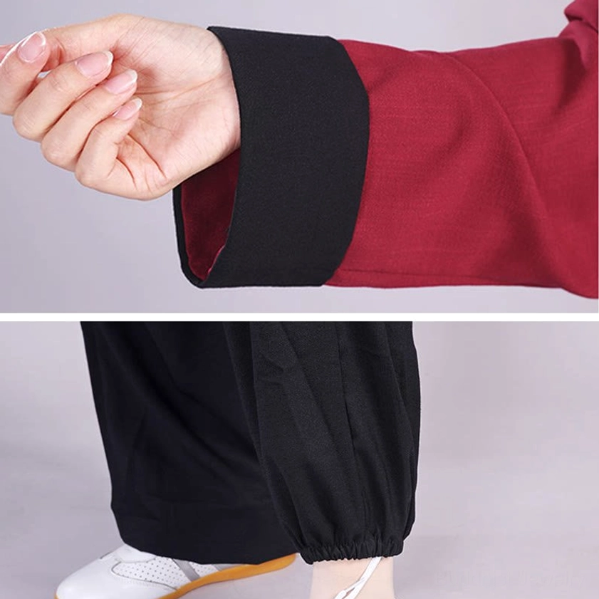 Tai chi qigong meditation practice clothing set full-body front view, burgundy top with black frog buttons and pants