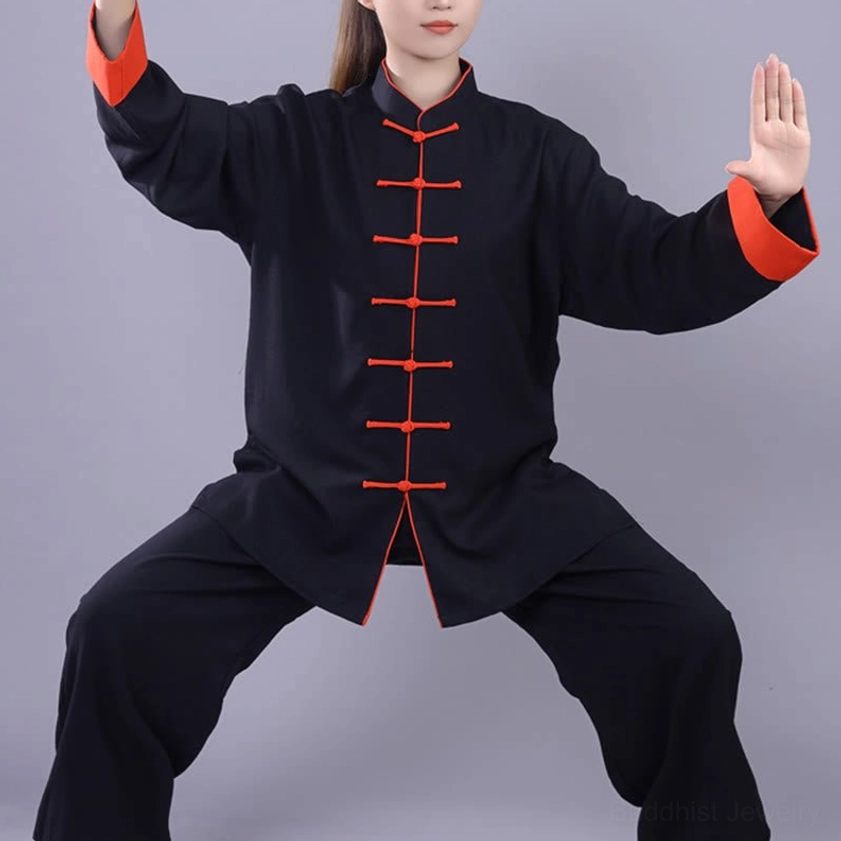 Tai chi meditation practice set complete view showing top mandarin collar, frog buttons, and wide-leg pant construction