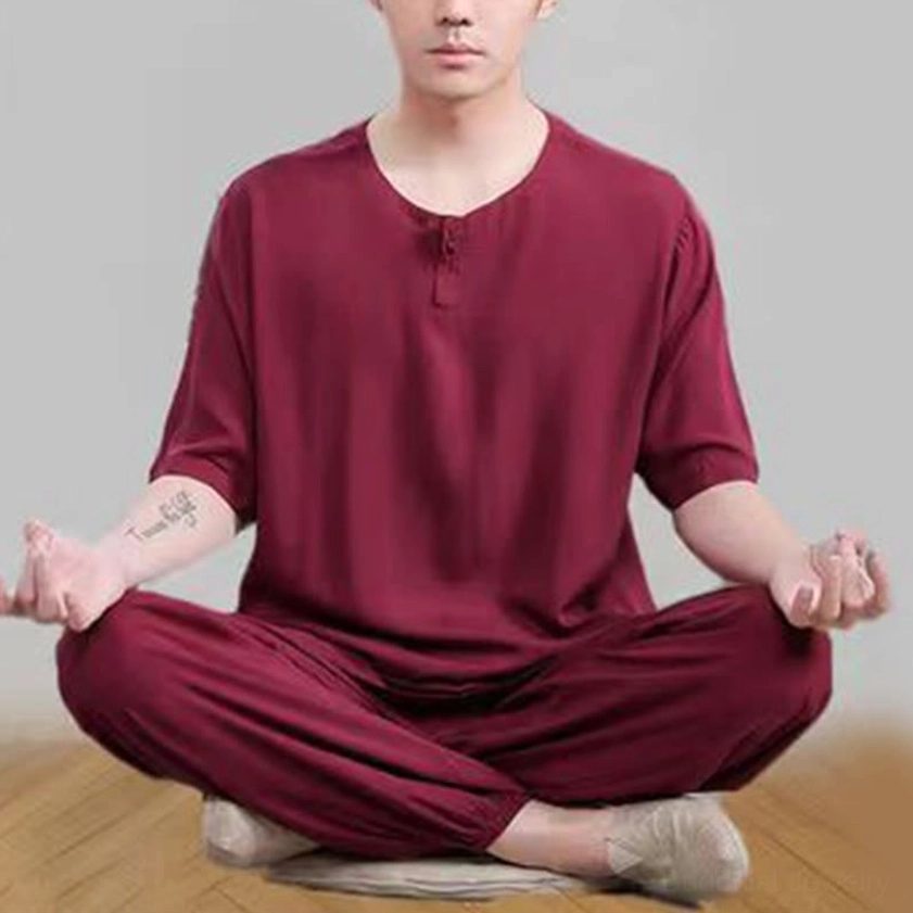 Dark red Tai Chi meditation uniform unisex cotton linen breathable practice set