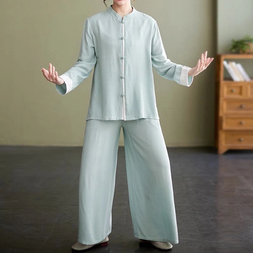 Tai chi meditation clothing set elastic waist pants detail, comfortable fit feature