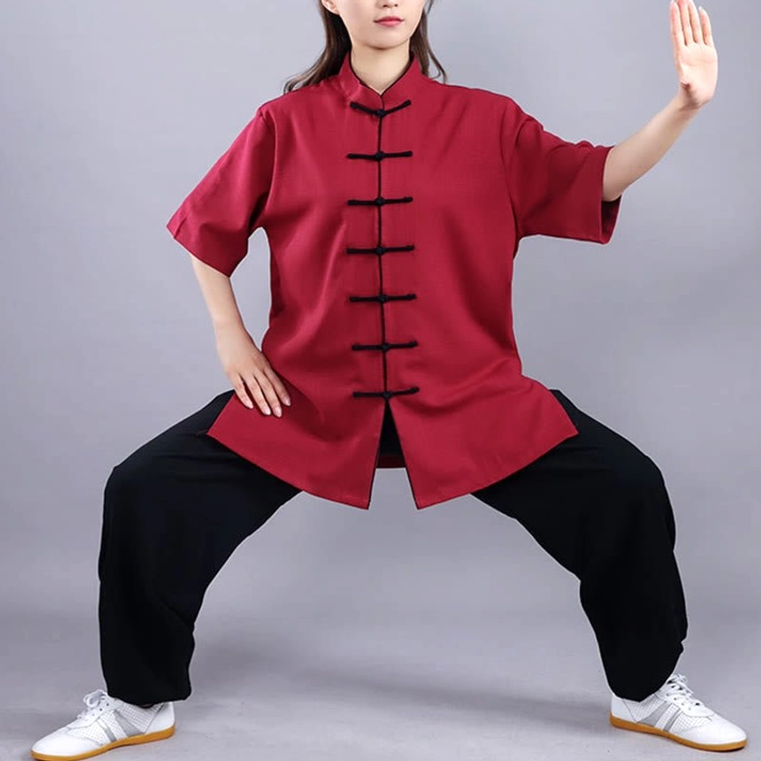 Tai chi practice clothing unisex cotton-linen blend, burgundy top with traditional frog buttons and black contrast cuffs