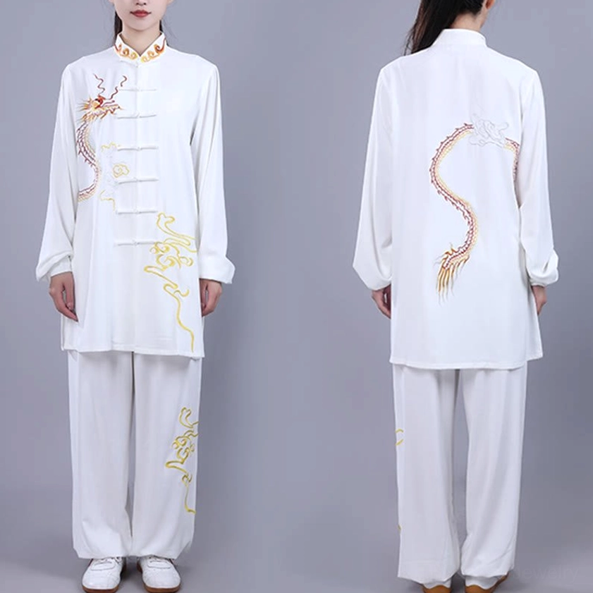 Tai chi practice uniform with golden embroidered dragon motif