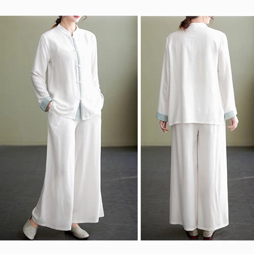 Tai chi two-piece suit front and back views, white cotton linen uniform with blue cuff details