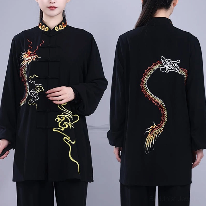 Tai chi suit set display front and back with dragon embroidery detail