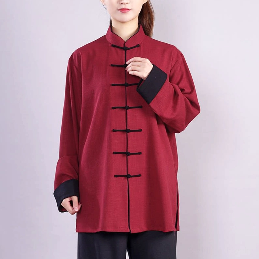 Tai chi uniform upper body half-view, burgundy linen blend with black frog button closures and fitted cuff detail