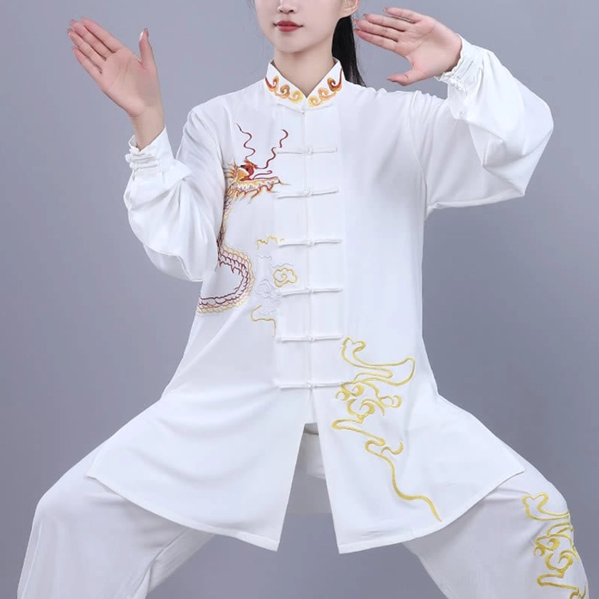 Tai chi two-piece meditation set detailed view embroidered dragon design