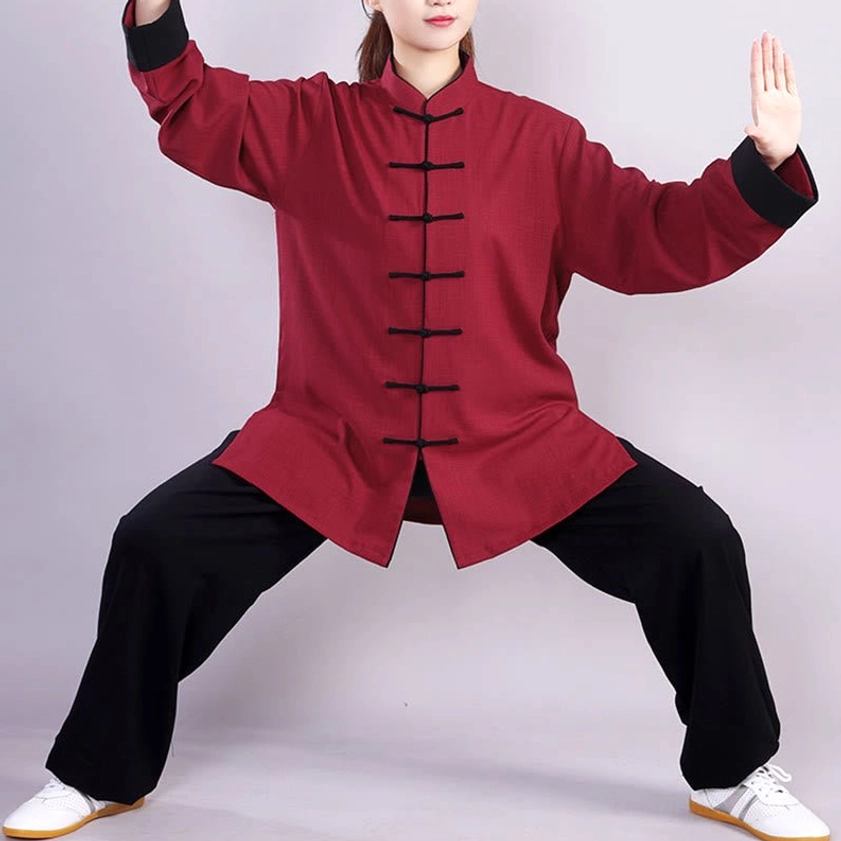 Burgundy cotton-linen tai chi qigong practice outfit full-body front angle, traditional frog button design with black pants