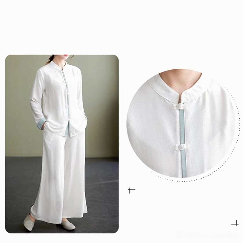 Tai chi collar and placket detail with frog button closure, stand collar design and front placket