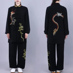 Dragon embroidered tai chi meditation uniform set front and back view