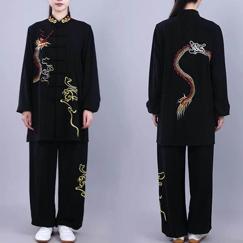 Dragon embroidered tai chi meditation uniform set front and back view