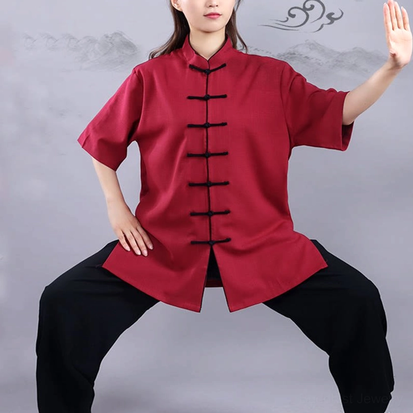 Burgundy tai chi qigong uniform set with loose-leg pants and elastic ankle cuffs, traditional frog button design