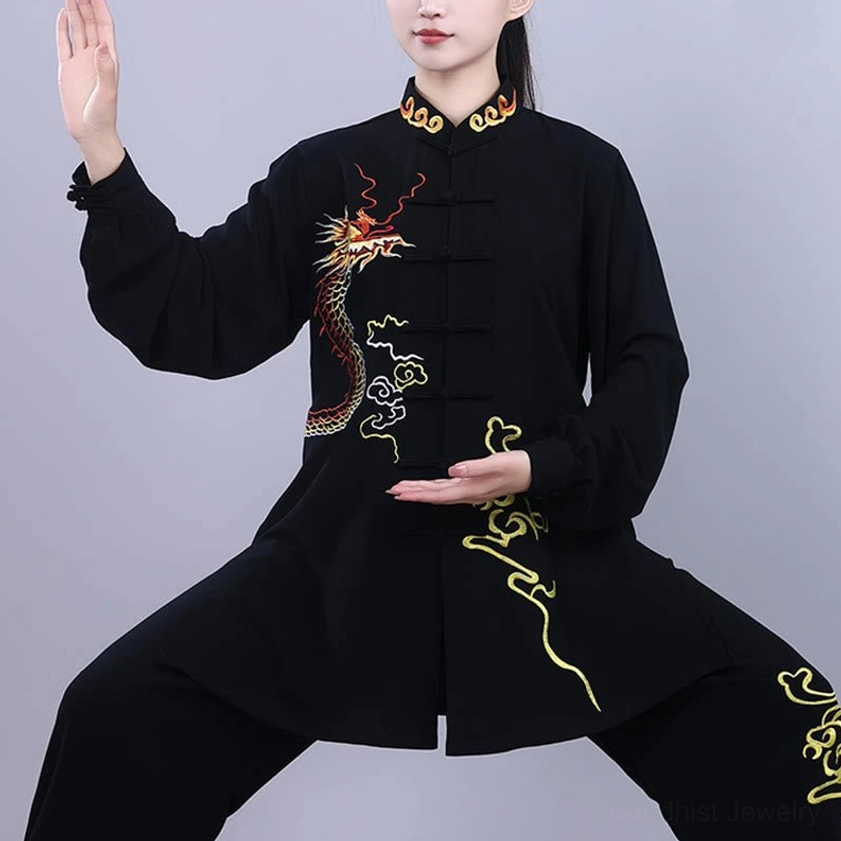 Martial arts tai chi clothing in action stance with embroidered details