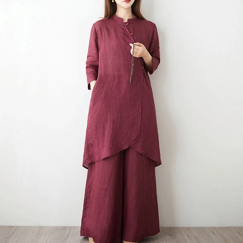 Tai chi practice clothing set side view with decorative buttons and stand collar design