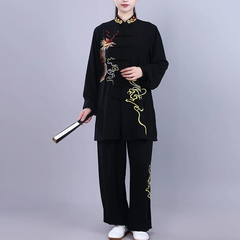 Tai chi practice set with folding fan accessory and golden dragon embroidery