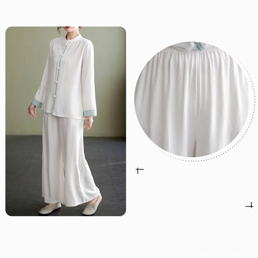 Wide leg pants of tai chi meditation uniform, loose cotton linen drape and fit detail