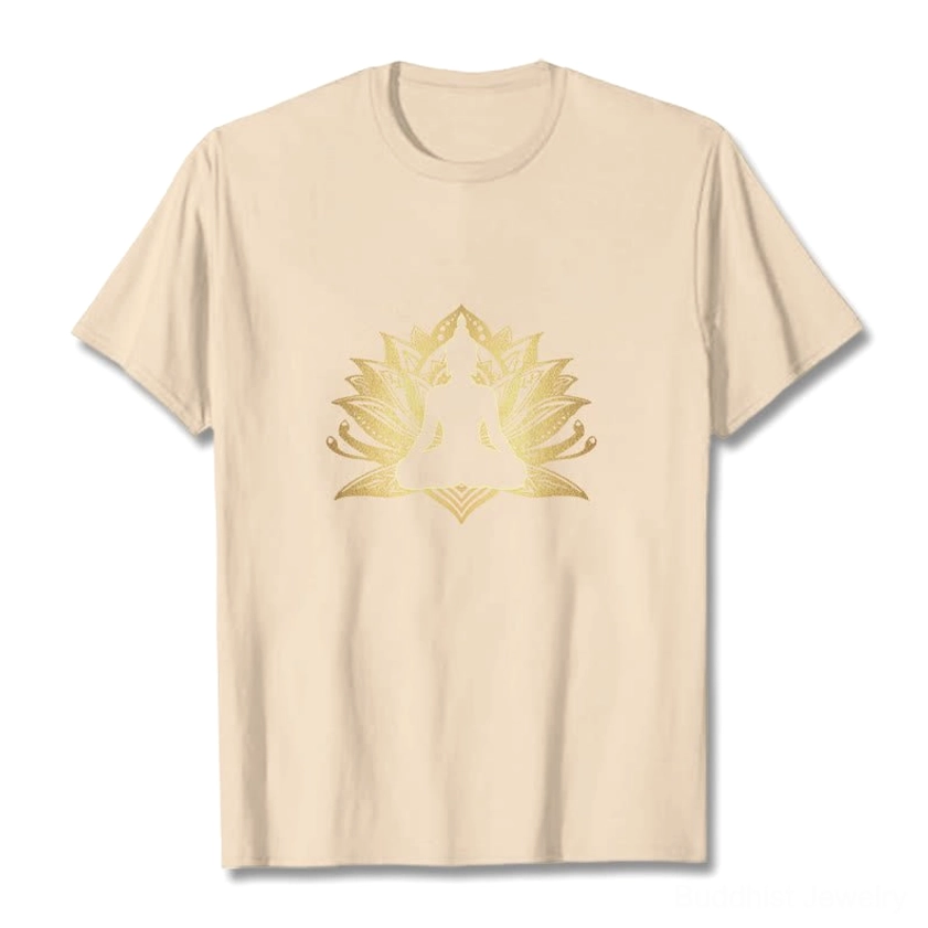 Tan beige meditation Buddha graphic t-shirt with gold lotus print, flat lay front view on studio background