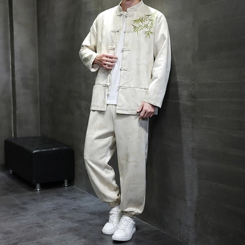 Men's traditional Tang suit with bamboo embroidery, right three-quarter angle showing jacket fit and pockets