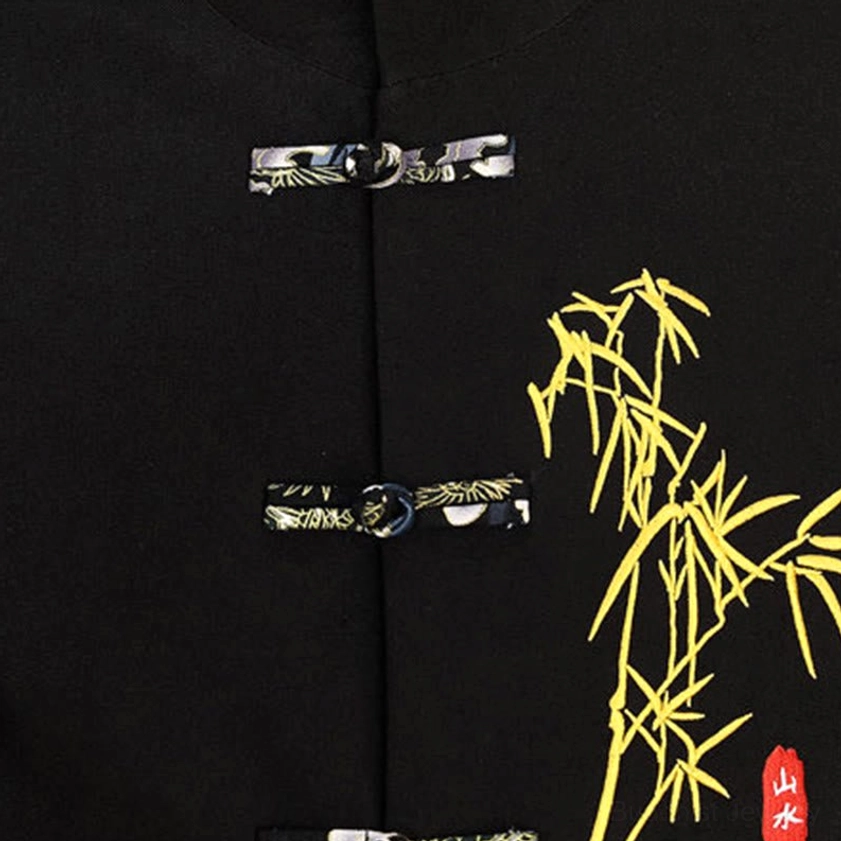 Tang suit upper body detail - golden bamboo embroidery and traditional Chinese frog button closures