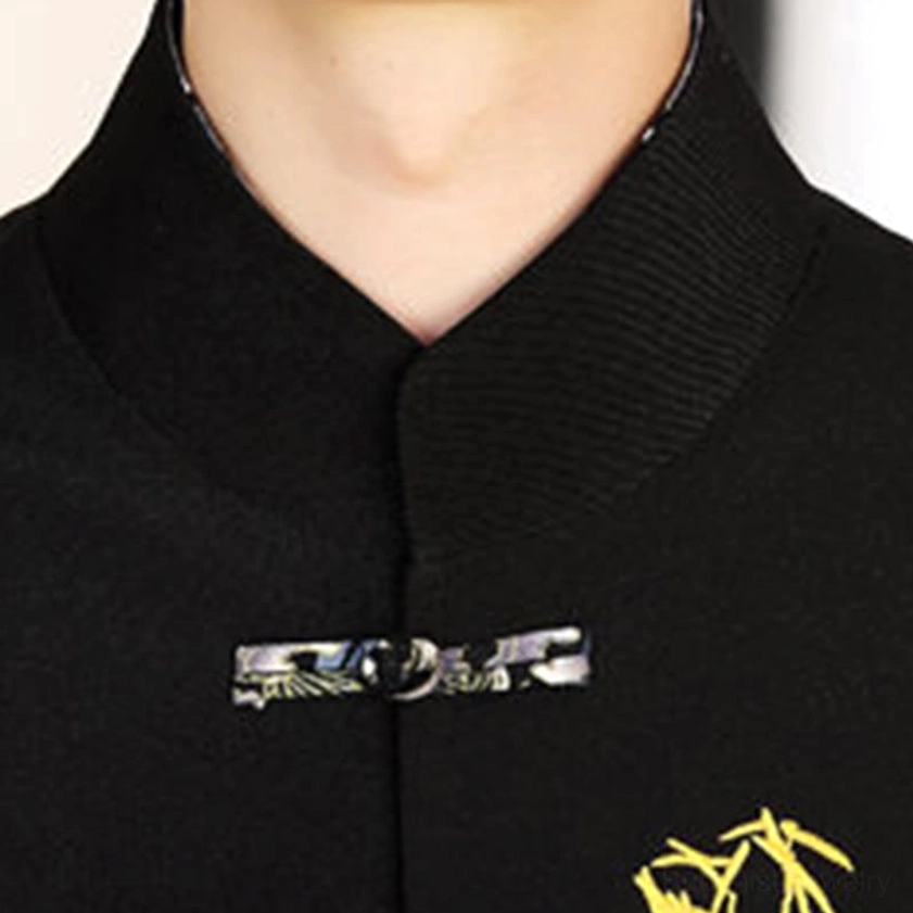 Close-up of Tang suit stand collar and decorative frog-style button fasteners on black background