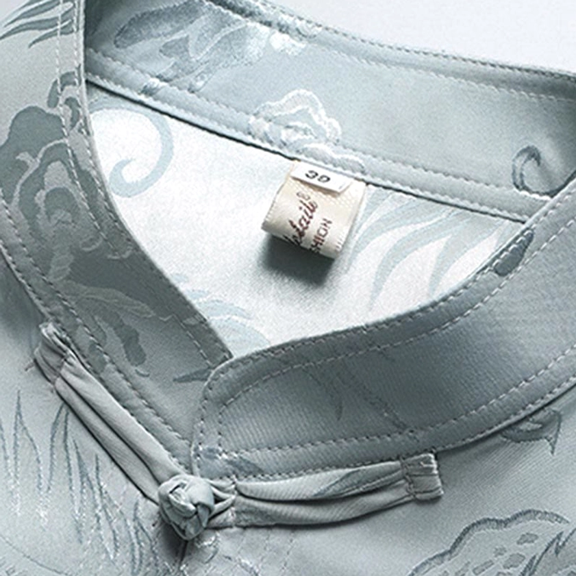 Traditional stand collar and Chinese frog button close-up on dragon jacquard Tang suit