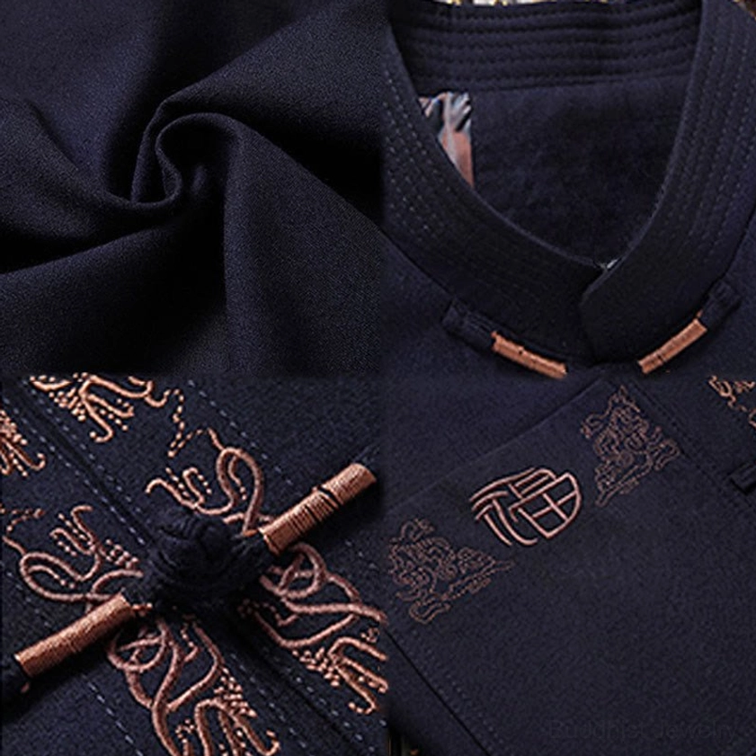 Tang suit jacket collar, frog button, and Fu character pocket embroidery on flat lay display