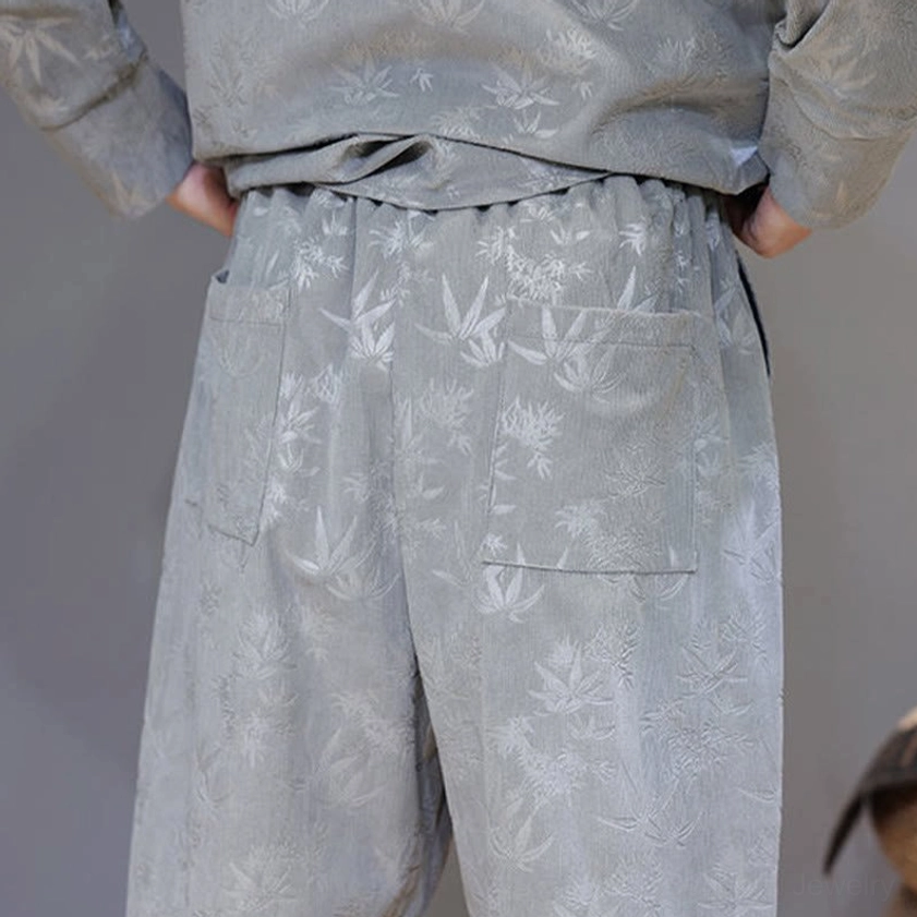 Bamboo corduroy fabric weave and bamboo leaf print pattern detail