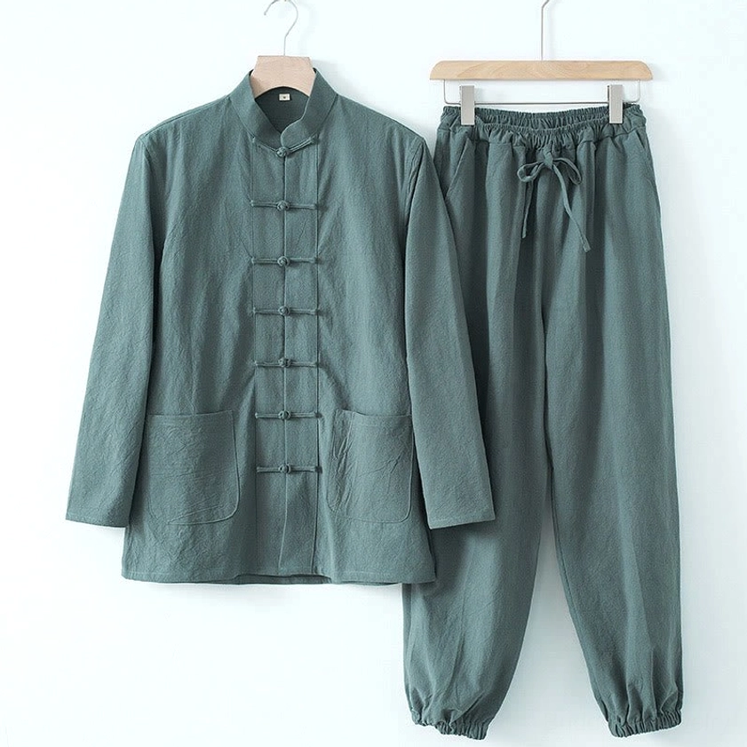 Tang suit detail shot - frog button closure and stand collar craftsmanship