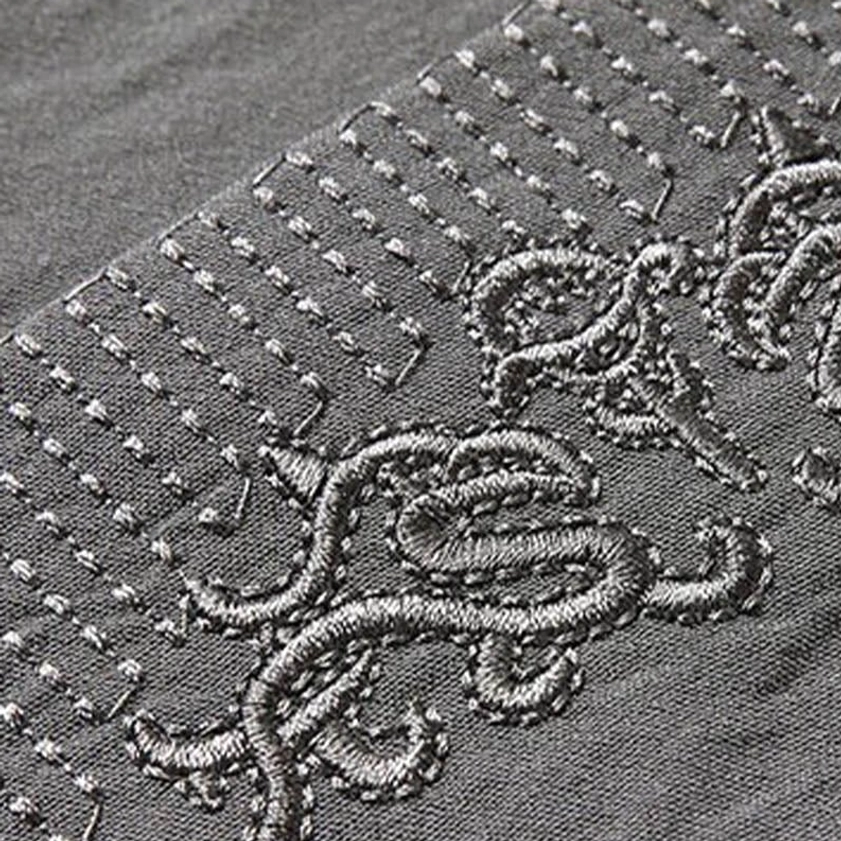 Tang suit pocket embroidery detail with traditional Chinese scroll design - raised stitched texture close-up