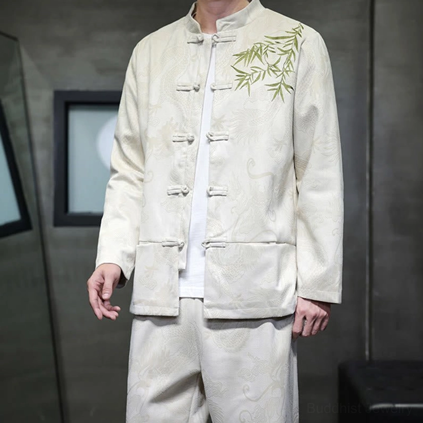 Close-up front view of Tang suit showing detailed frog button closure and bamboo chest embroidery