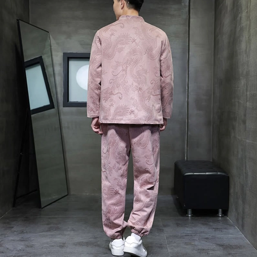 Tang suit front angle showing frog button progression and collar to waist proportion