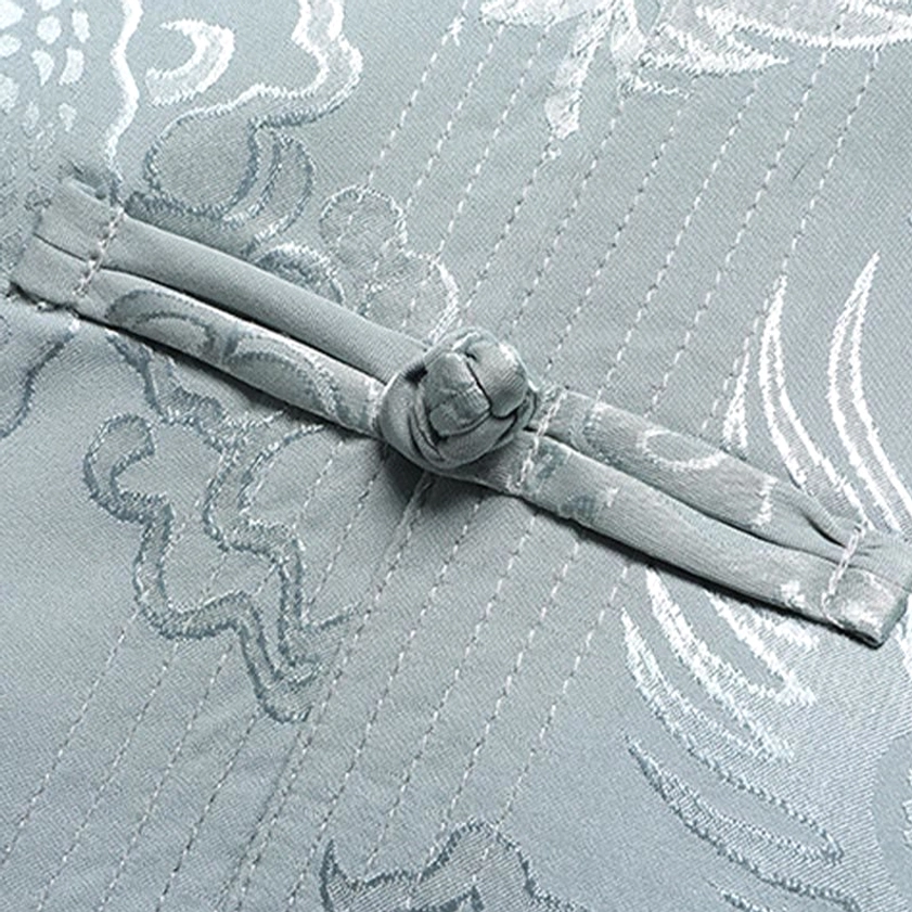 Braided silk frog button and dragon jacquard fabric texture detail on Tang suit